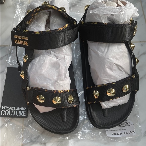VERSACE GOLD STUDDED SANDALS , BLACK & BAROQUE PRINT WITH CHUCKY SOLES - Picture 16 of 16